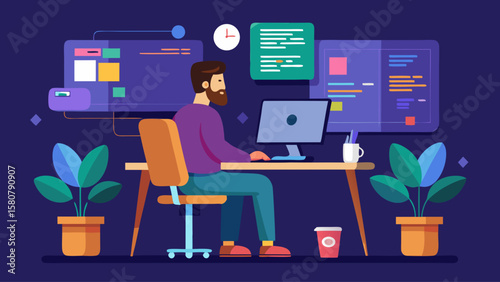 A man is sitting at a desk with a computer monitor and a potted plant. Concept of focus and productivity, as the man is likely working on a project or task