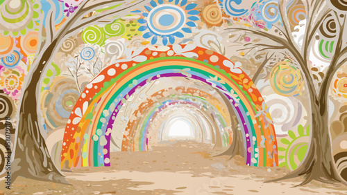 A whimsical tunnel of trees and rainbows with a bright light at the end of the path is depicted