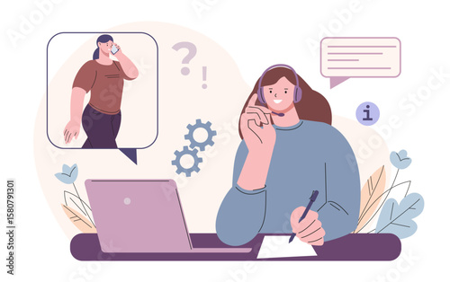 Online support and consulting. Hotline or psychology service. Call center worker talking with woman, consultation. Administrator vector concept