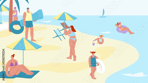 People rest on beach. Summer vacations, seasonal leisure near sea or ocean. Swimming and sunbathing, outdoor activities on beachside vector scene