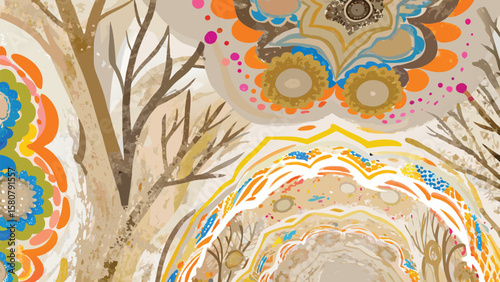 Abstract watercolor painting featuring trees and floral designs in vibrant colors and artistic composition