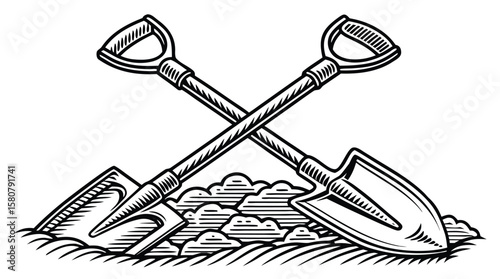 Crossed Shovels Icon with Soil Pile – Black and White Garden Tools Illustration