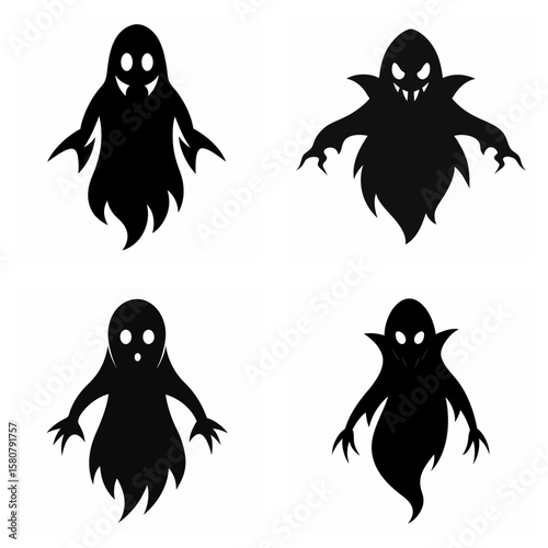 Four Black Ghost Silhouettes with Spooky Faces on White Background halloween scary
