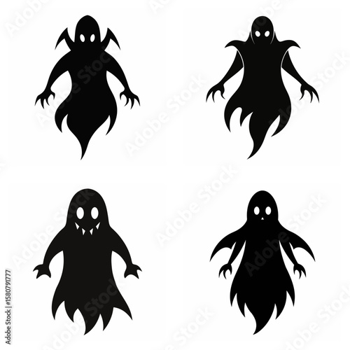 Four Black Ghost Silhouettes With Spooky Features On White Background halloween scary