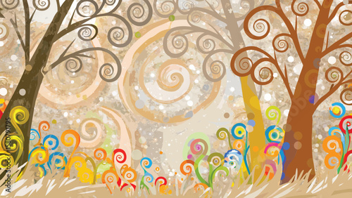 Artistic whimsical landscape with swirling trees and colorful vegetation in a dreamlike setting