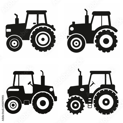 Four black tractor icons on a white background farm vehicle