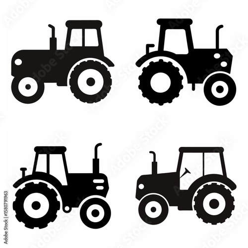 Four black tractor icons on white background farm agriculture