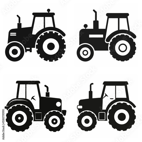 Four Black Tractor Silhouettes on White Background farm vehicle