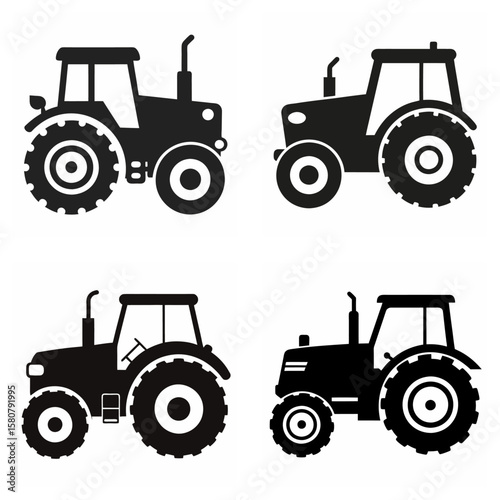 Four Black Tractor Silhouettes on White Background farm vehicle 1