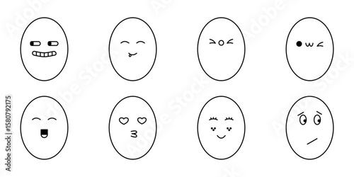 Minimalist Cute Egg Faces with Various Expressions. A collection of minimalist-style cartoon egg faces expressing various emotions such as happiness, sadness, surprise, love, mischief, and more.