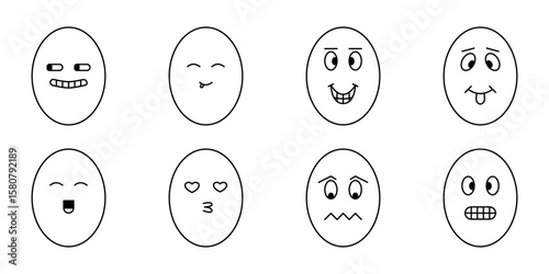 Minimalist Cute Egg Faces with Various Expressions. A collection of minimalist-style cartoon egg faces expressing various emotions such as happiness, sadness, surprise, love, mischief, and more.
