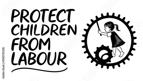 Protect children from labor message with a girl working in a gear mechanism symbolizing child labor exploitation