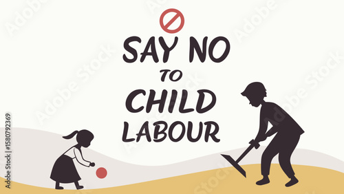 Say no to child labour concept illustration with silhouettes of children in a field working and playing