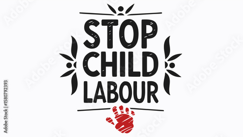 Stop child labour graphic with red handprint symbol and decorative elements against white background
