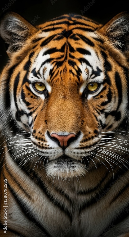 Fototapeta premium Closeup Portrait of a Tiger Orange Black Stripes Fur Intense Gaze Wildlife Animal