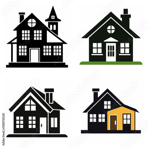 Four stylized houses in black and white with one accent color home building