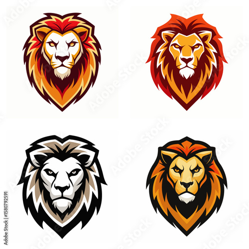 Four stylized lion head logos with fiery manes and sharp features animal wild