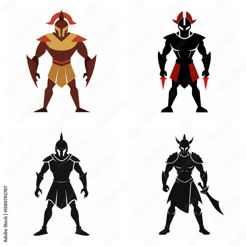 Fototapeta premium Four warrior figures in stylized armor on white background soldier helmet