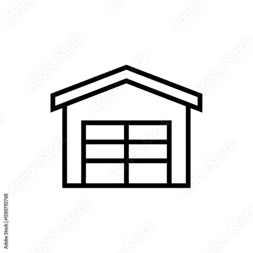 Simple black and white outline icon of a garage with a sectional door