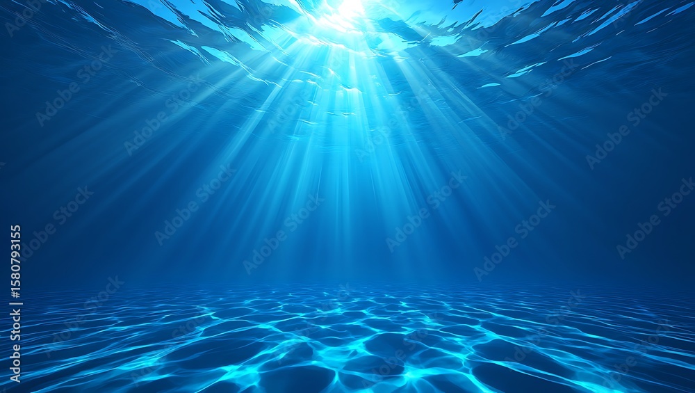 Fototapeta premium Underwater scene with sunbeams piercing the clear blue water creating dappled light patterns on the ocean floor