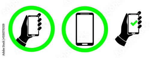 set smartphone usage icons with green circles and check mark. Vector illustration showing proper ways to hold a mobile phone with hand silhouette, ideal for UI, UX design, digital safety