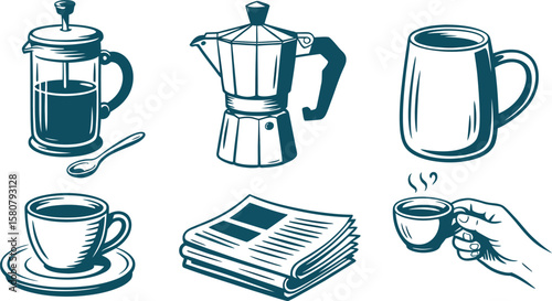 Vintage Coffee and Breakfast Vector Set – Hand-Drawn Coffee Cups, French Press, Moka Pot, and Newspaper Icons