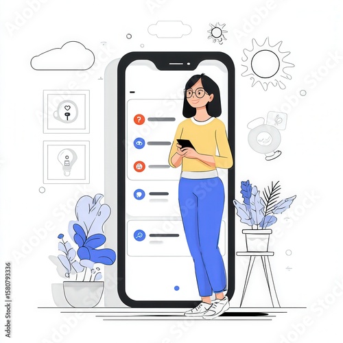 Young woman using a smartphone app.  Bright, modern illustration.