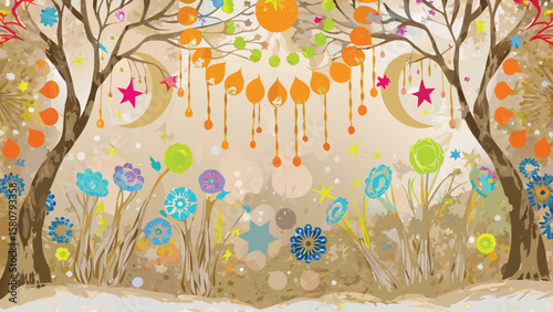 Watercolor painting of a whimsical landscape with trees, flowers, moons, and stars in a dreamy scene