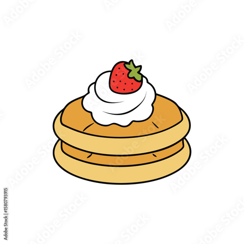 Vector art of a tasty pancake with whipped cream and a strawberry isolated on white background