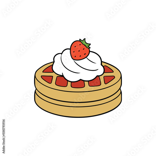 Vector art of a delicious waffle with whipped cream and a strawberry isolated on white background