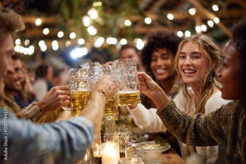 friends clinking beer mugs in rustic Oktoberfest tent, warm lighting, happy celebration, 