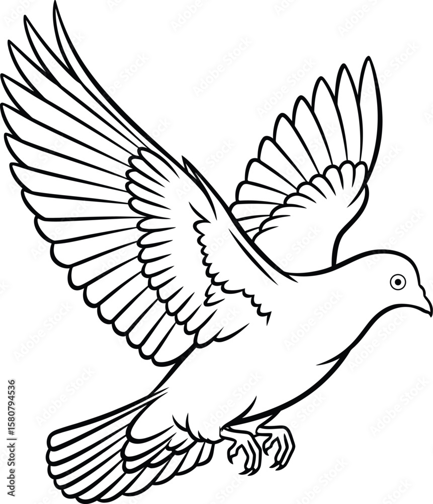 Obraz premium A detailed line drawing of a dove soaring gracefully, with its wings fully extended. This illustration captures the essence of freedom and serenity, making it perfect for projects focused on themes of