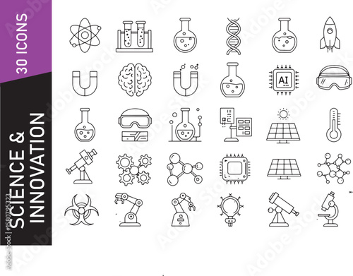 Thin black line vector icon set of science, innovation, and laboratory symbols for education and research visuals