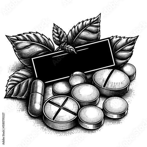 Pills in vintage style in black and white illustration