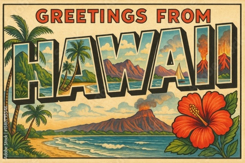 Vintage Hawaii postcard illustration.
