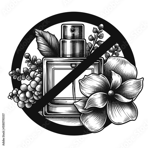 Perfume bottle in vintage illustration in black-and-white indicating prohibition
