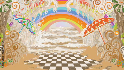 A whimsical beach scene with umbrellas, a rainbow, and a checkered floor leading to the ocean view