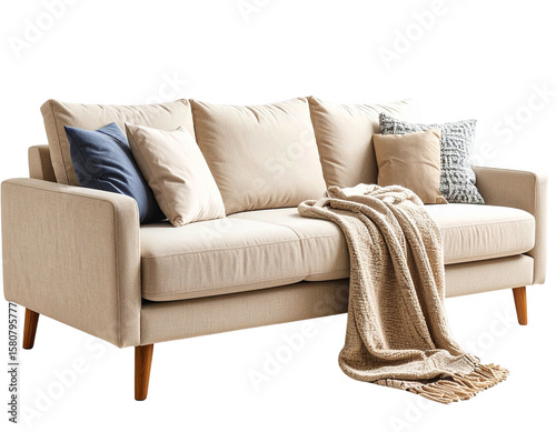  Angled View of Beige Sectional with Throw Blanket and Accent Pillow, Cozy Styling, Transparent Background