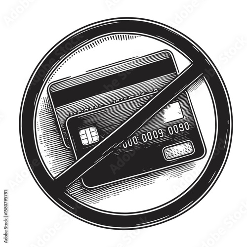 Black-and-white drawing of credit cards in a crossed-out circle