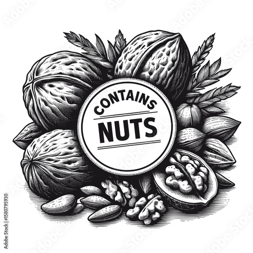 Nuts depicted in vintage style in black and white representing allergens