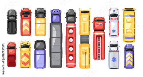 City vehicles top view set with truck, cargo lorry, fire engine, ambulance, fuel tanker, bus