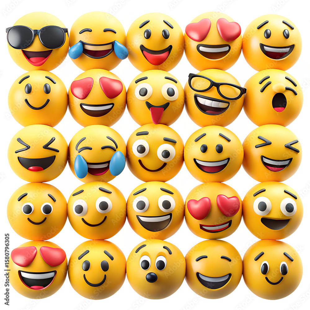 Fototapeta premium An array of diverse smiley faces and emoji icons exhibits various human emotions on a transparent background, expressing happiness.
