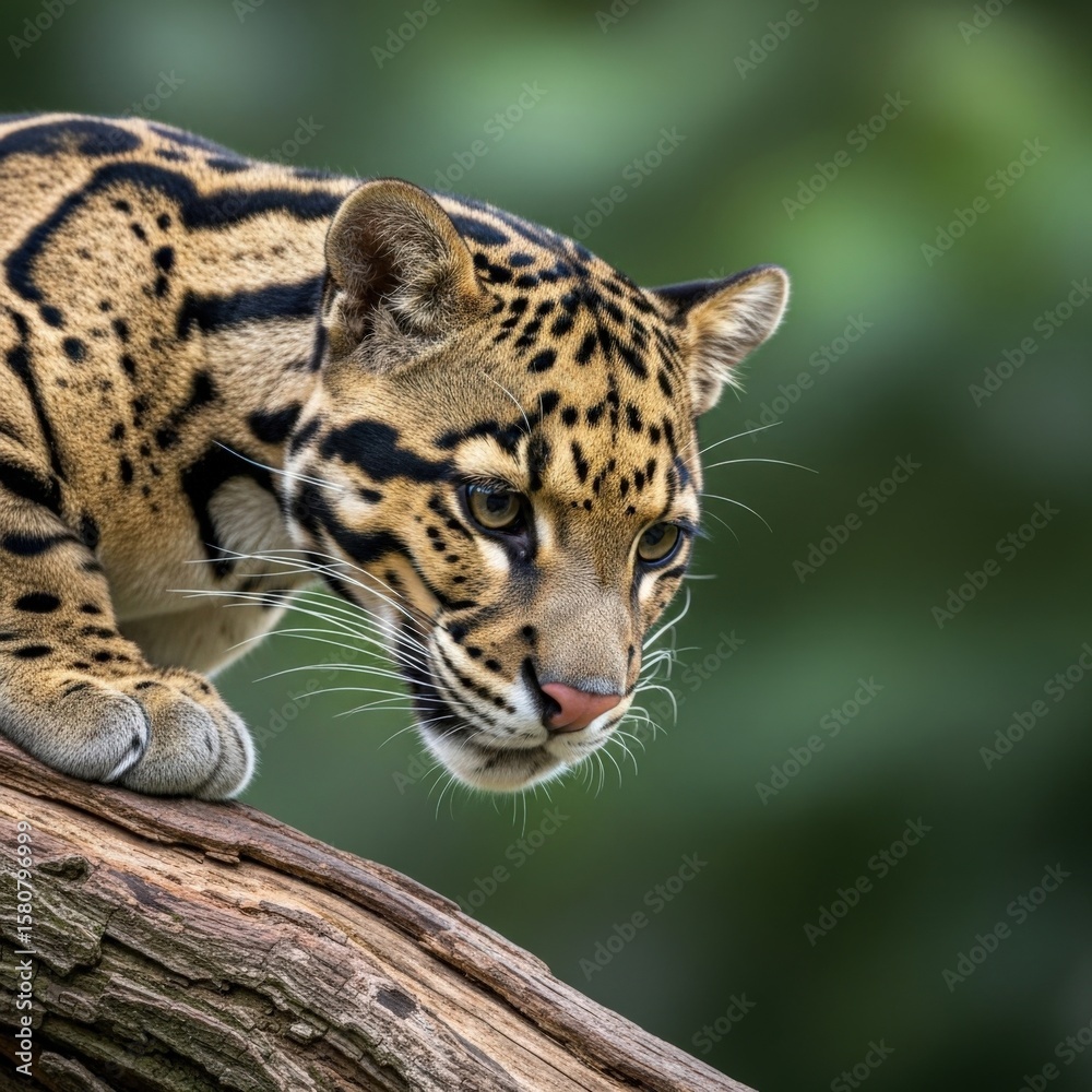 Obraz premium Clouded Leopard Closeup on Tree Branch Brown and Tan Fur Green Background Wildlife Animal Portrait