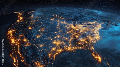 A night-time satellite view of the United States showing illuminated cities and infrastructure against a dark, starry background.
