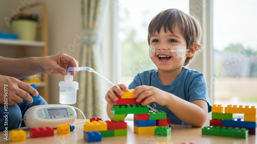 Young child with NG feeding tube playing with blocks at home, relaxed and happy, cozy room with neutral colors, minimal and soft atmosphere