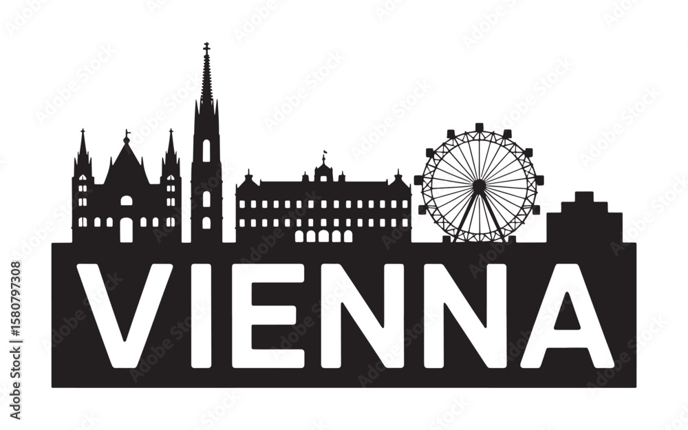Obraz premium Vienna Cityscape Silhouette A Striking Depiction of Architectural Landmarks and the City Name In Bold Letters On A White Canvas