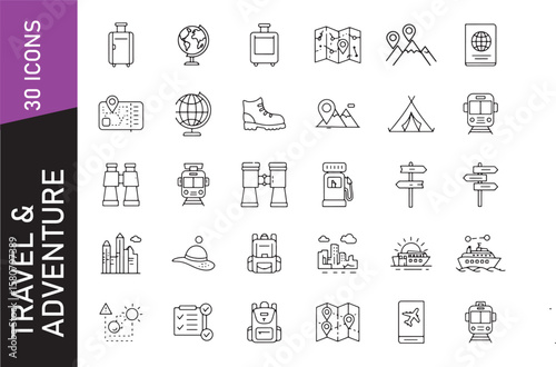 Black outline travel and adventure icons featuring transportation, hiking gear, and exploration tools