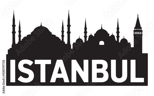 Istanbul Skyline Silhouette with City Name Below Majestic Mosques and Minarets Depicting Turkey's Rich History and Culture