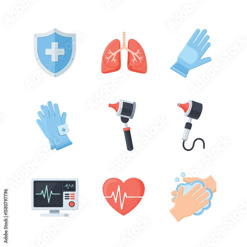 Medical icons depicting health protection, respiratory system, examination tools, and hygiene practices.