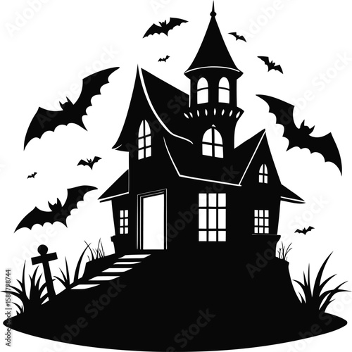 Vector Illustration of a Spooky Haunted House with Classic Horror Elements